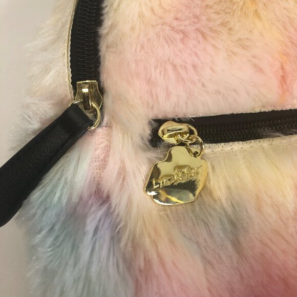 Betsey Johnson Fuzzy Gold Rainbow Unicorn Horn Small Backpack - Picture 2 of 16